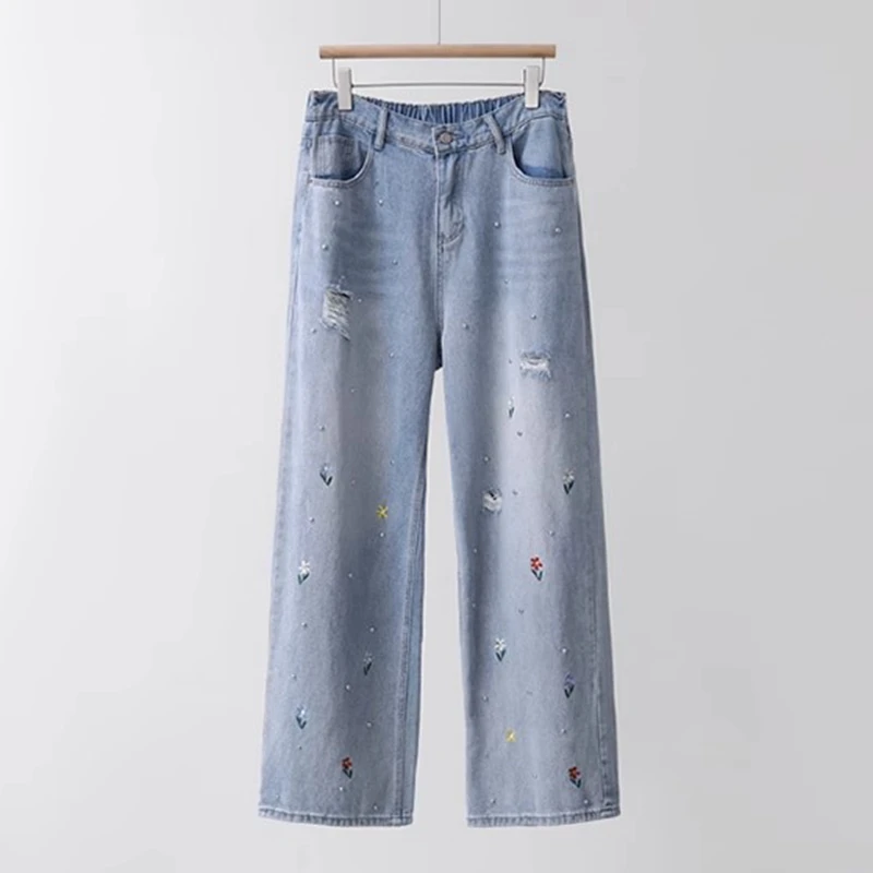 春季出行腰破洞直筒裤女遮跨显腿细百搭大码女装阔腿裤子NZ803