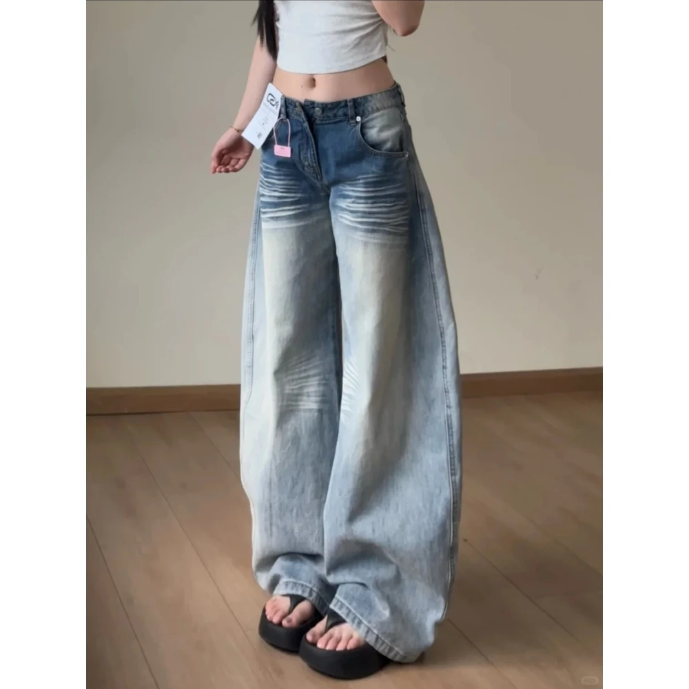 美式复古慵懒感猫须抓痕牛仔裤女2025秋季小众百搭直筒宽松阔腿裤