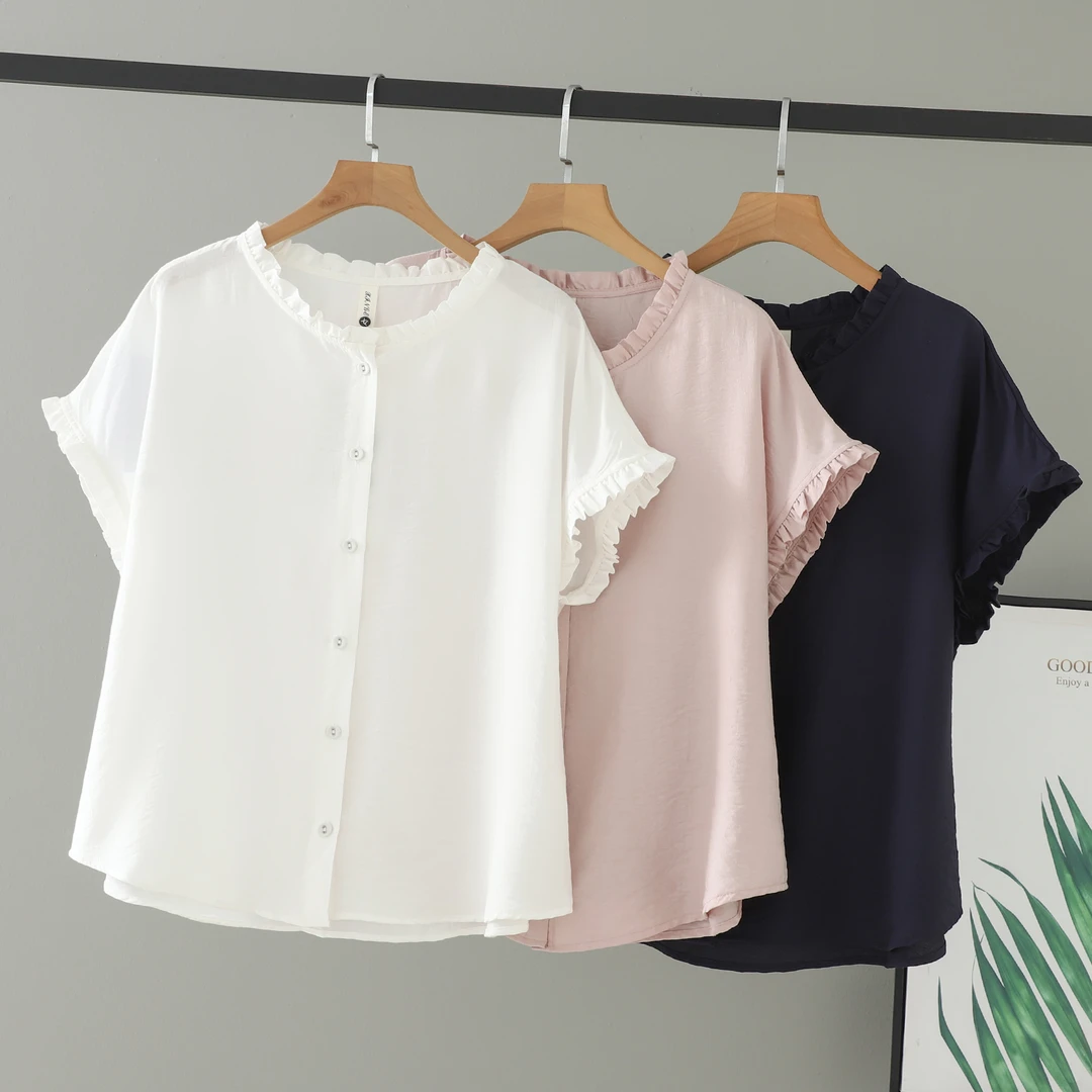 2025夏装女装胖妹妹新款短袖木耳边纯色大码别致衬衫圆领上衣女