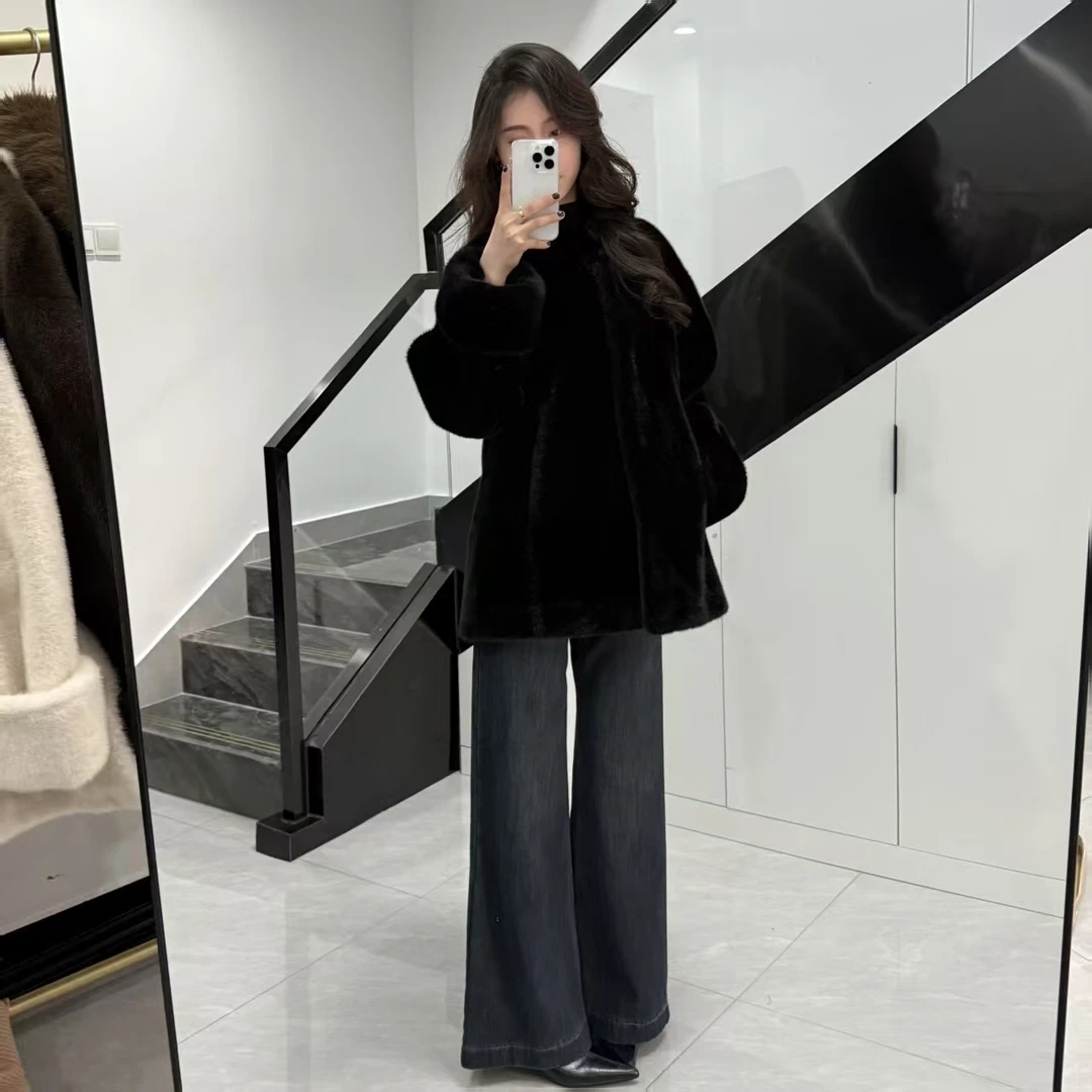新高级感时尚环保水貂双色挽袖中长款立领韩版加厚皮毛一体女外套