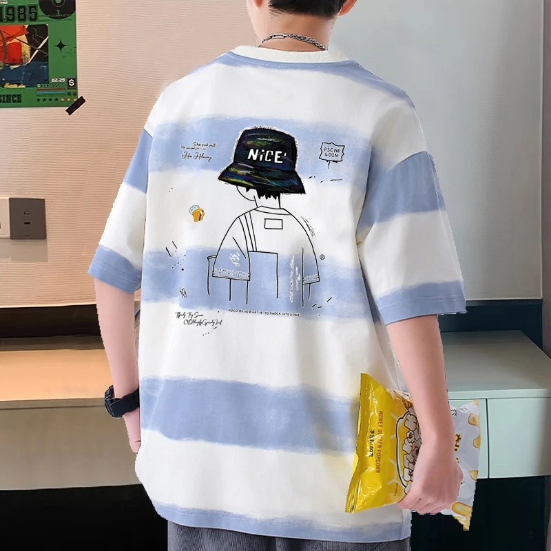 开学季纯棉短袖t恤男生扎染条纹宽松上衣夏季复古潮流休闲五分袖