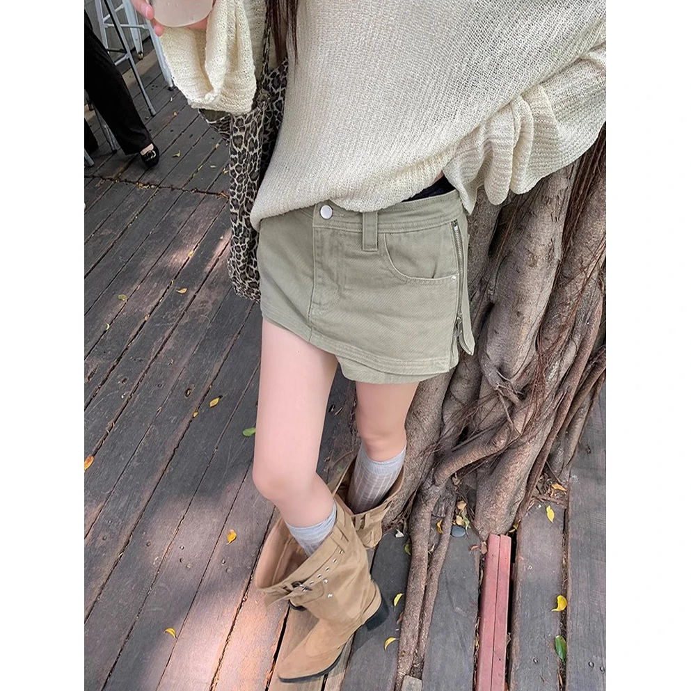 美式复古辣妹性感卡其色牛仔半身裙女2025夏季高腰侧边拉链短裙裤