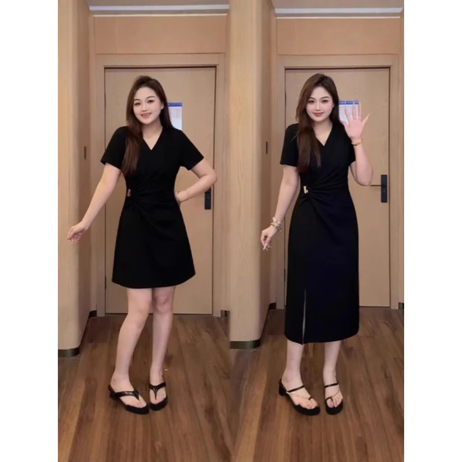 花菜大码女装气质夏季新款黑色v领连衣裙显瘦胖mm收腰开叉长裙MM