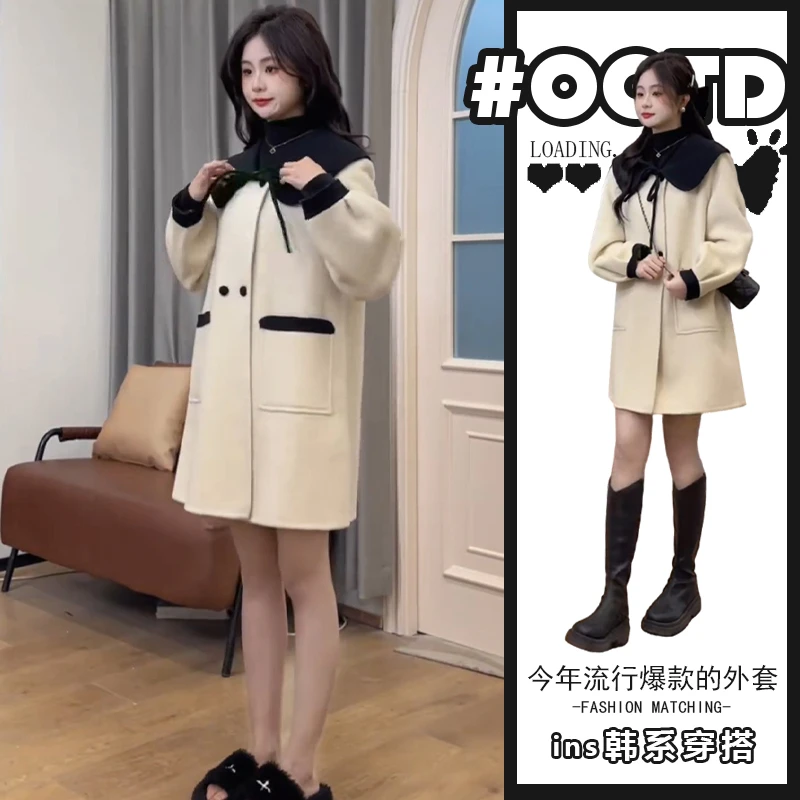 设计感别致娃娃领撞色拼接外套2025秋冬欧美宽松小个子保暖大衣女