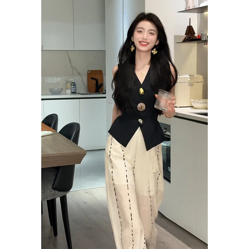 设计感无袖背心马甲上衣女夏季2025新款高腰垂感直筒阔腿休闲长裤