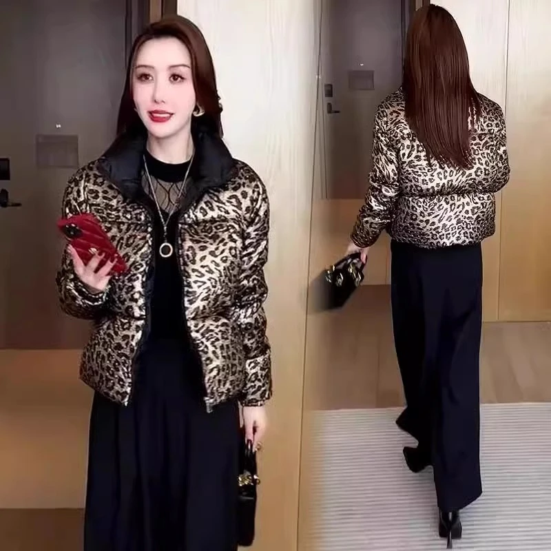 短款冬季新款时尚豹纹羽绒棉服女洋气显瘦小个子面包服棉衣外套潮