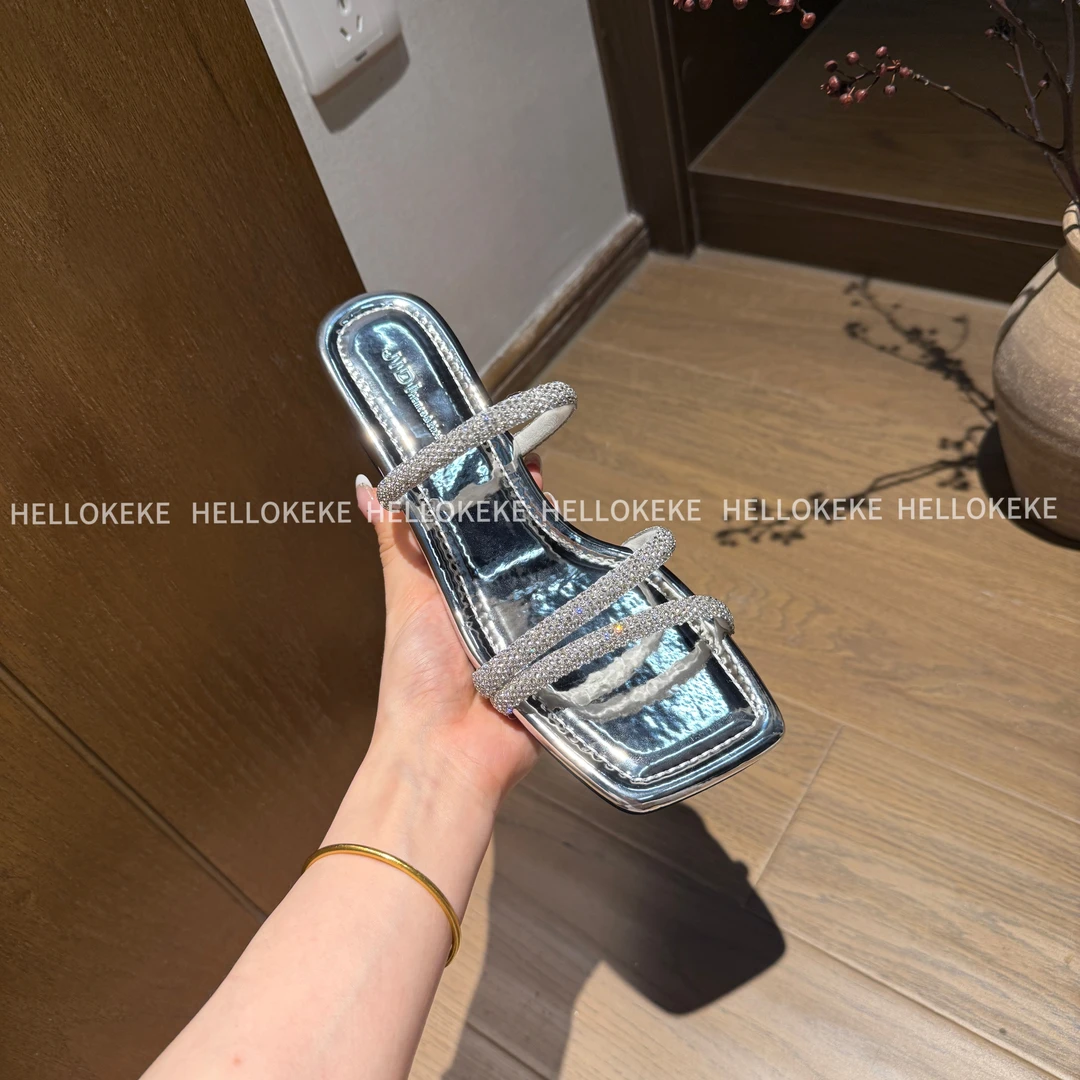 KeKe【爆闪】5.5cm跟 小个子定制坡跟厚底夏日闪钻气质设计法式凉拖