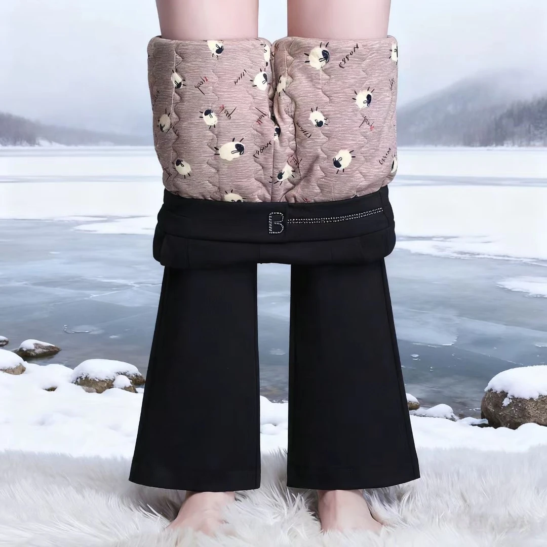 蚕丝棉裤女冬季外穿防寒保暖不臃肿加厚加绒高腰修身显瘦微喇裤子