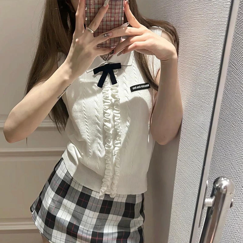 2025夏季新款法式学院风木耳边蝴蝶结针织背心女上衣潮