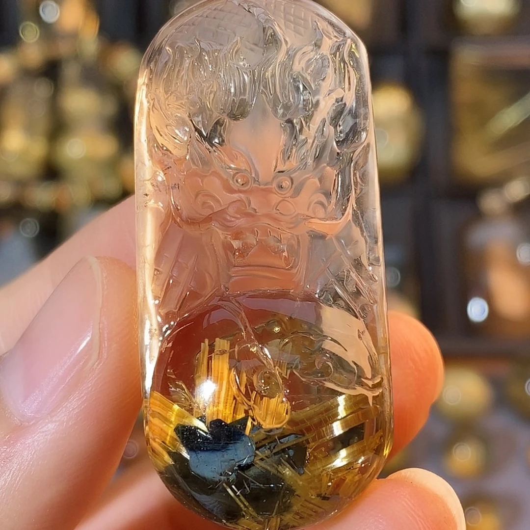 水晶未镶嵌颈饰天然钛晶花聚宝盆龙牌吊坠