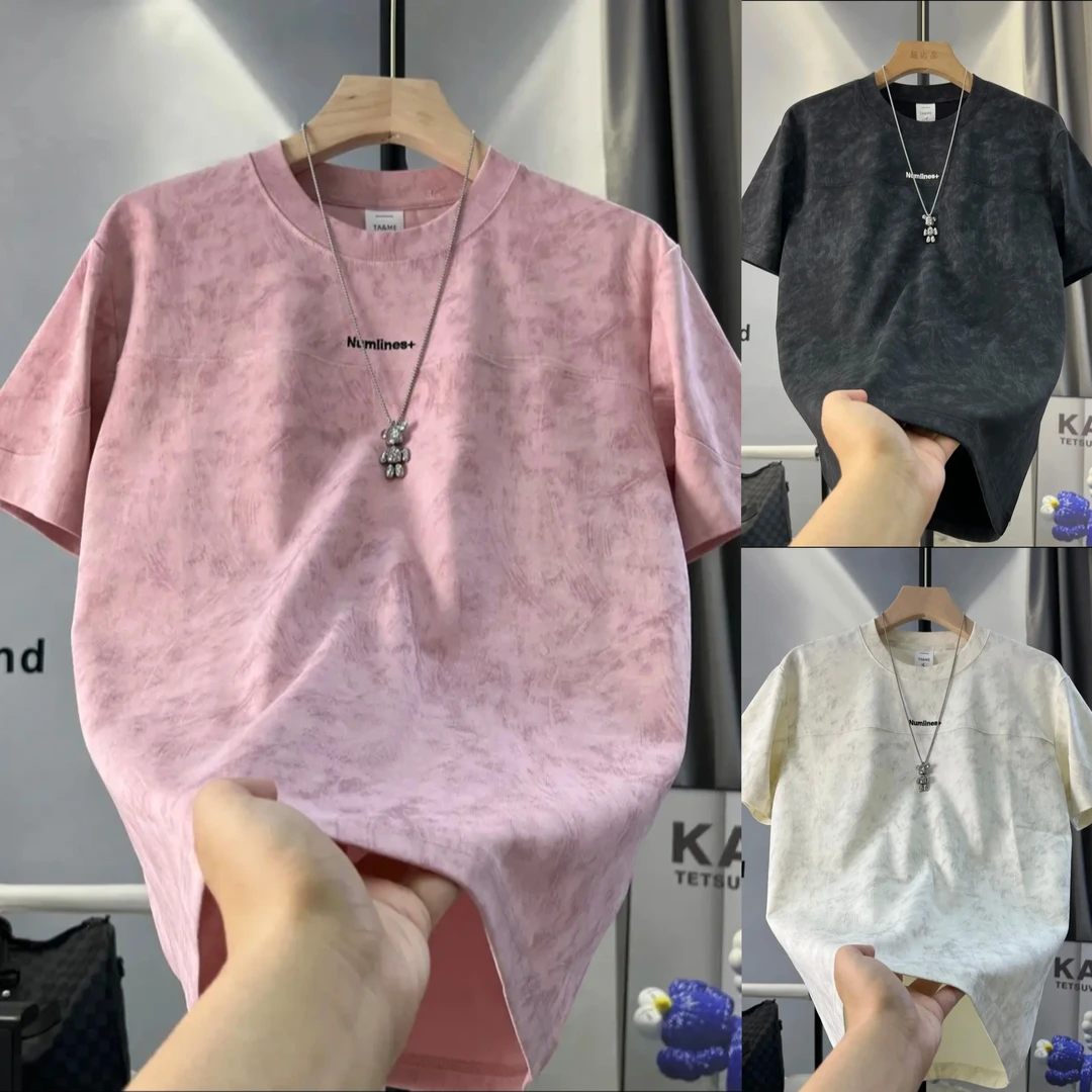 爆款扎染时尚休闲百搭拼接T恤男2025夏季新款重工刺绣圆领短袖t恤