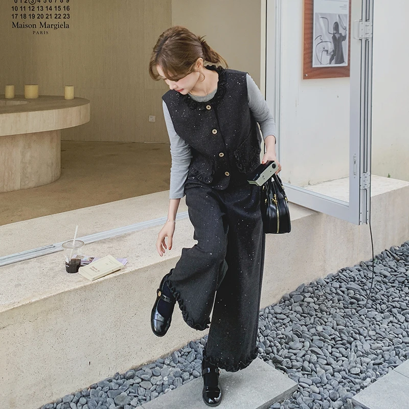 复古气质名媛三件套女2025春季新款亮片马甲高级感衬衫阔腿裤套装