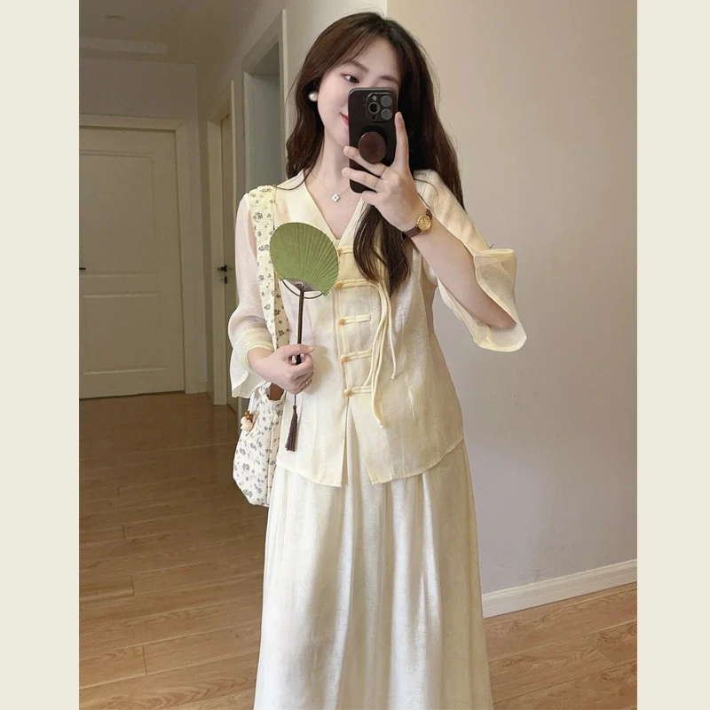 UQS2025夏温柔风盘扣长袖衬衣高腰半身裙两件套新中式国风套装裙