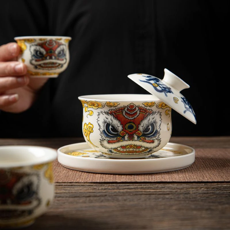 国潮悬停三才大壶承盖碗茶壶中国风醒狮时来运转二才功夫茶具茶碗