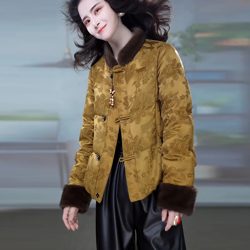 2025冬季新款新中式风羽绒服提花棉服立领盘扣保暖妈妈装洋气外套