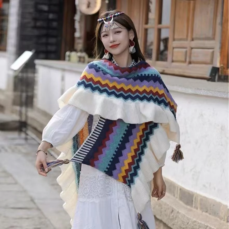 A126-A146民族风旅游云南外套斗篷披风波西米亚木耳边披肩