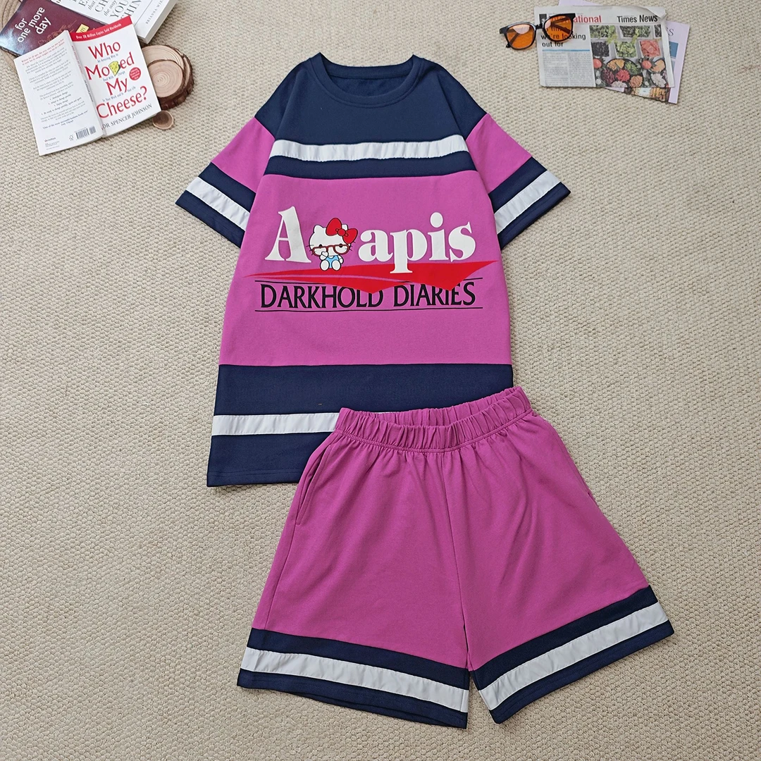 2025夏季新款休闲宽松卡通印花条纹短袖套装2944