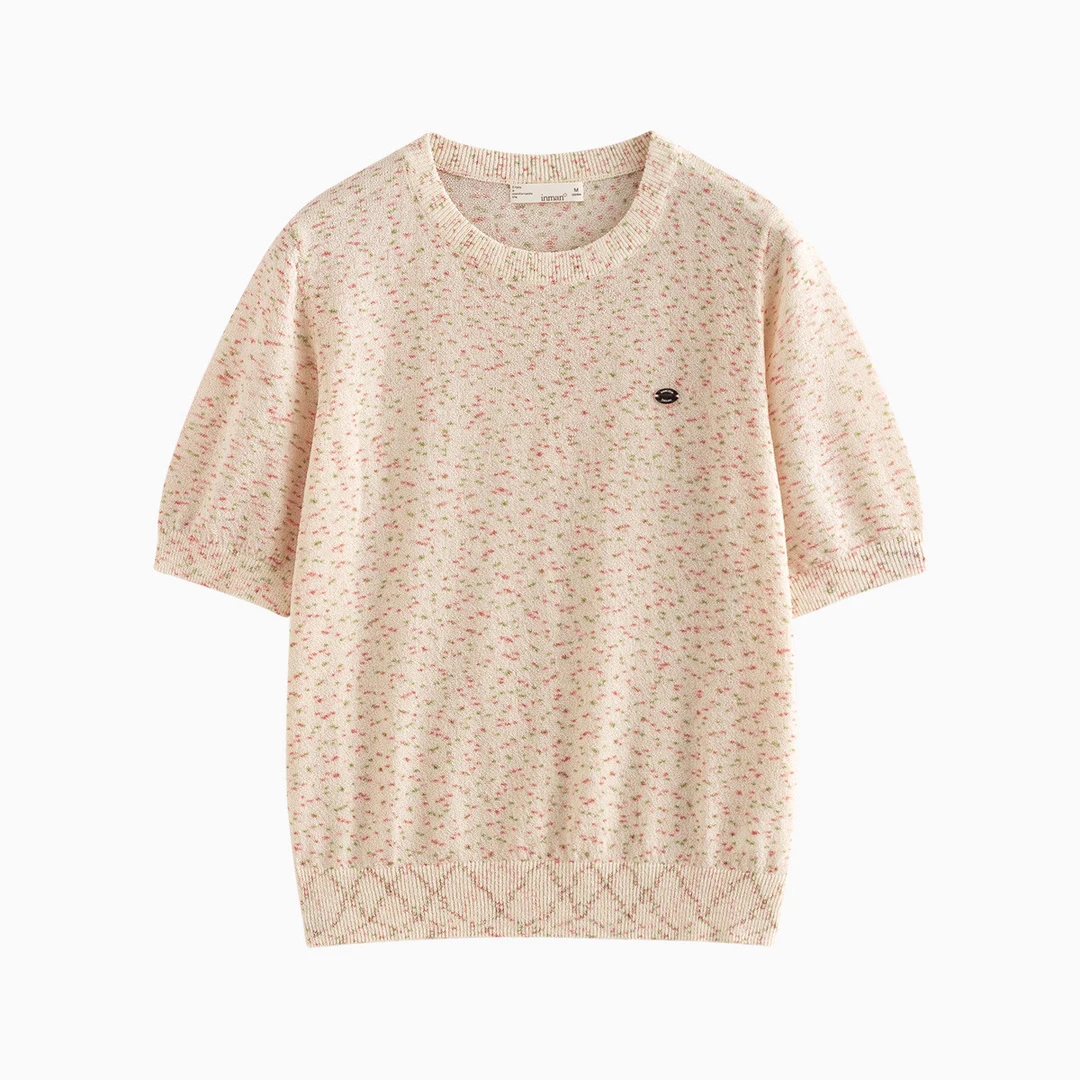 彩点纱短袖薄款针织衫女2025夏季简约复古休闲舒适套头上衣