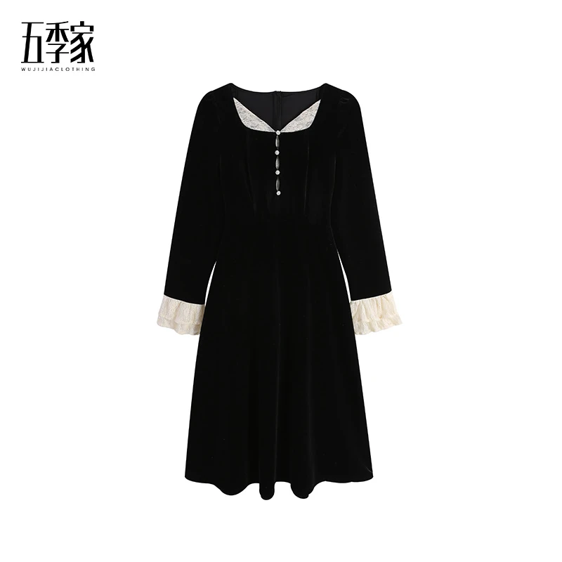 【五季家】秋冬拼接收腰气质显瘦黑色连衣裙裙子ZL55202