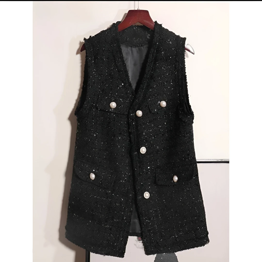 小香风马甲女春秋2025新款春秋季坎肩大码宽松轻奢粗花呢马夹黑色