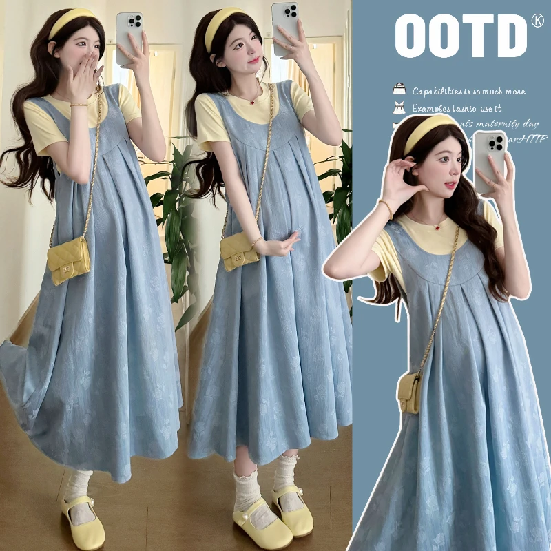 甜美时髦孕妇装夏季新款洋气韩系穿搭减龄显瘦背心连衣裙百搭上衣