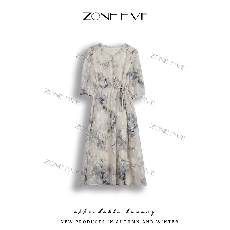 【zonefive】墨影F558碎花气质时尚夏季水墨桑蚕丝洋气定制连衣裙