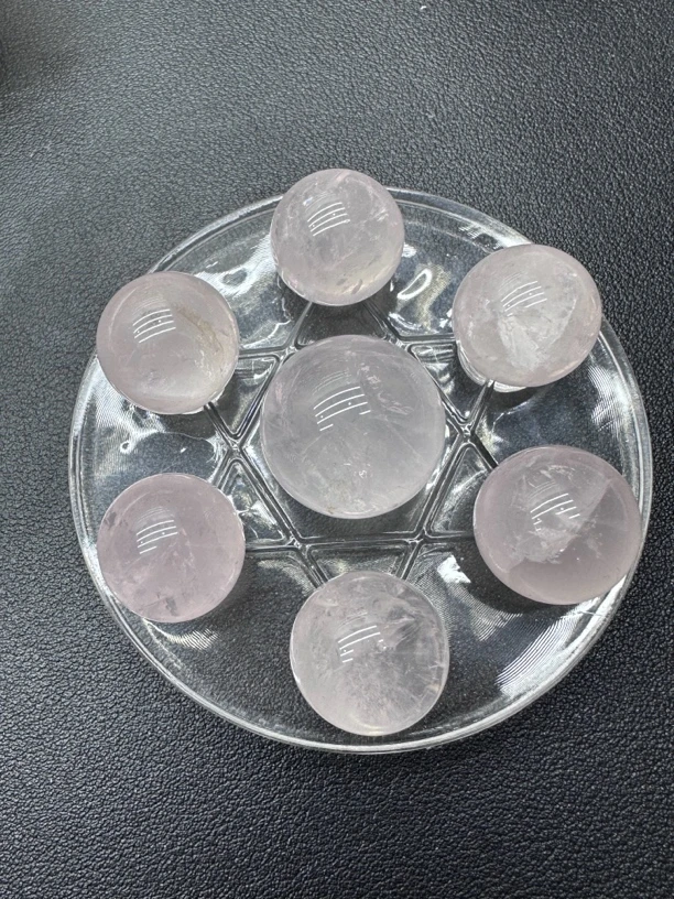 天然粉水晶七星盘，主球卡23-24mm左右，边球卡18-19mm