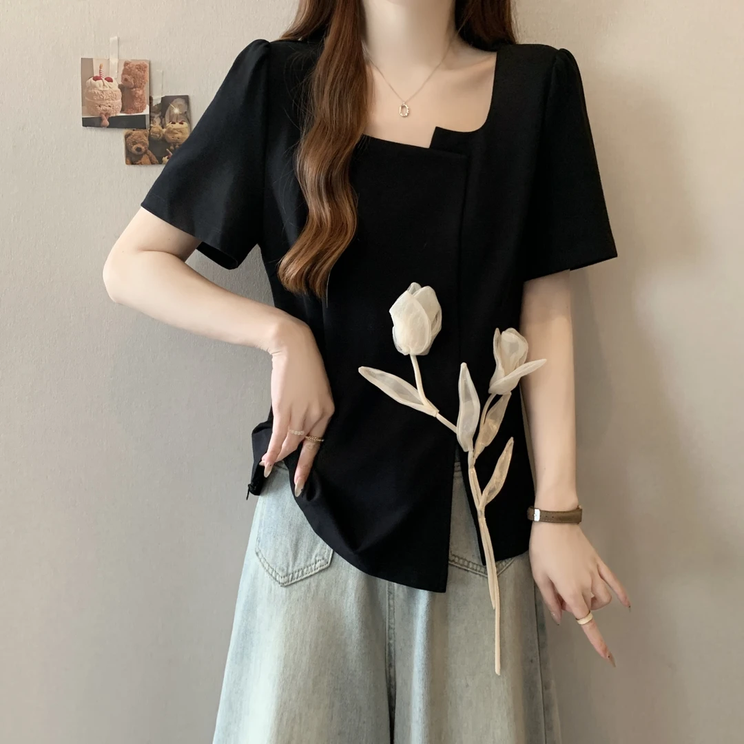 大码法式方领立体花朵短袖t恤女夏季微胖mm宽松遮肉显瘦开叉上衣