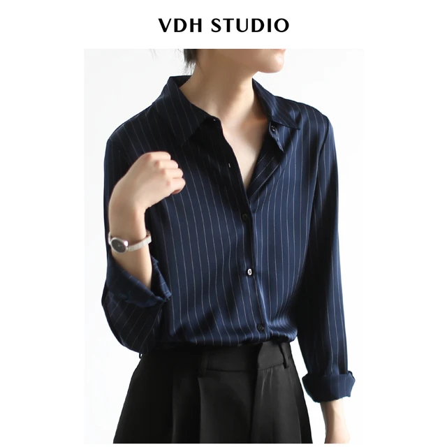 VDH STUDIO 深蓝条纹衬衫女设计感小众轻熟气质竖条纹长袖职业春