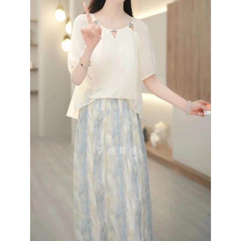 法式气质连衣裙女2025夏季新款时尚假俩件减龄简单大方韩版a字裙