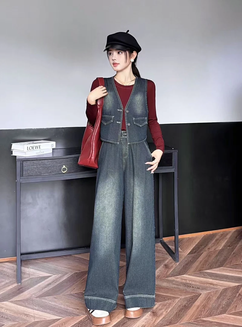 (XI ZI女装）休闲时尚高腰阔腿裤+牛仔明线撞色马甲2件套#965