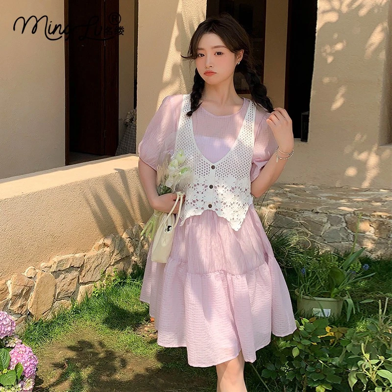 蕾丝拼接粉色连衣裙假两件女夏小众设计感法式茶歇甜美小个子裙子