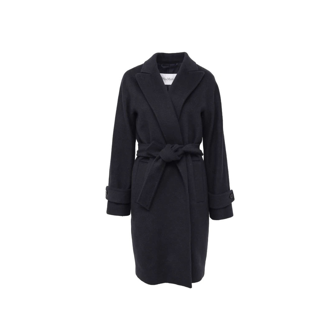 95新 MaxMara  黑色 骆驼绒 收腰浴袍大衣 P235195337