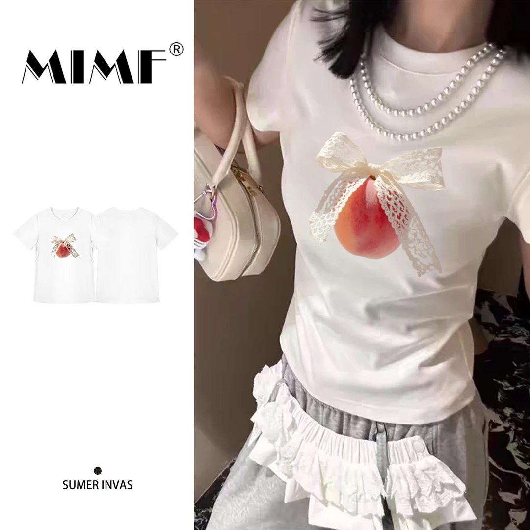 mnmf夏季新款圆领蝴蝶结桃子印花短袖T恤女装修身chic小版T上衣服