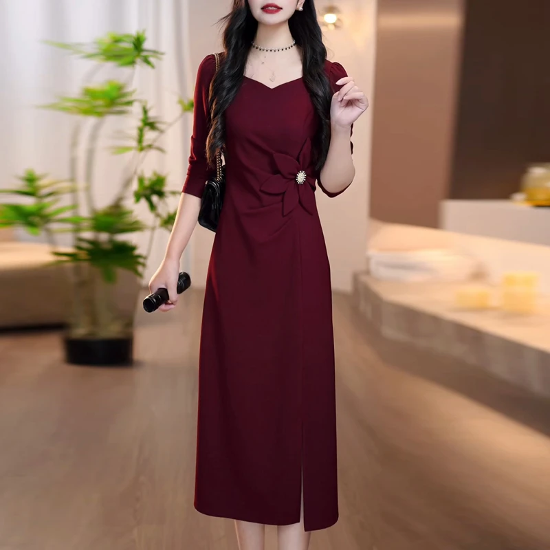 高档婚宴装红色连衣裙女秋装2025新款高端显瘦气质平时可穿a字裙