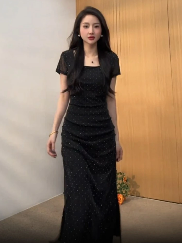 20205新款烫钻短袖长裙时尚设计师修身夏季连衣裙轻奢名媛