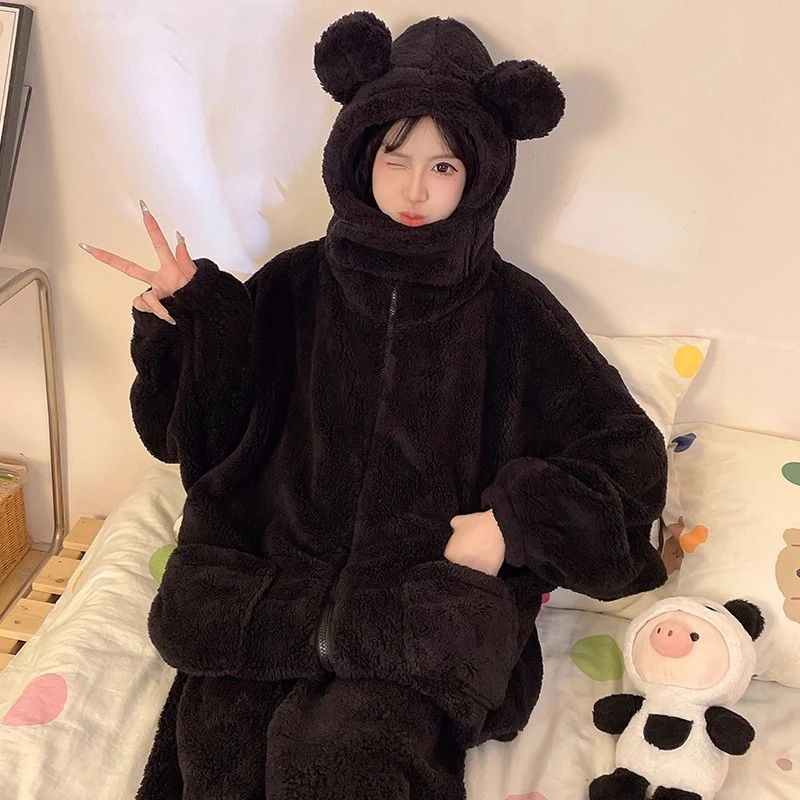 连帽睡衣女士秋冬季珊瑚绒法兰绒加厚保暖冬天纯色简约家居服套装