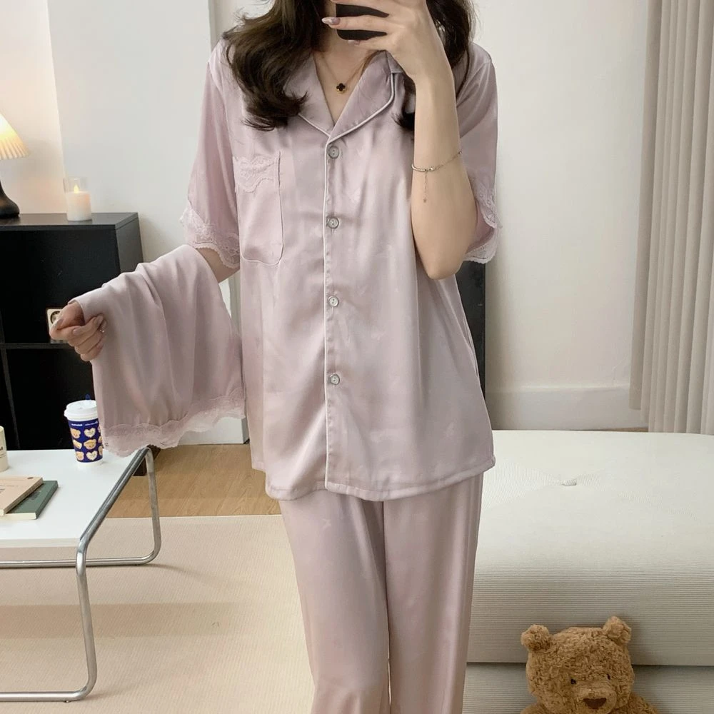 【找到对应编码拍下】夏季睡衣女冰雪丝短袖三件套带胸垫女士家居服