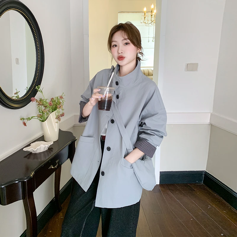 高级感韩系超好看立领中长款风衣女春季宽松休闲工装外套配单肩包