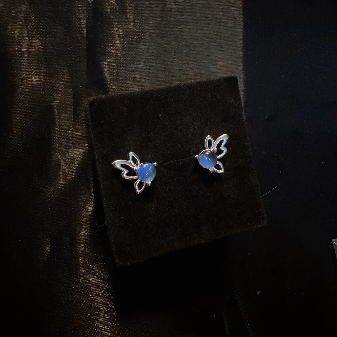 小蝴蝶 比翼双飞 大蓝闪蝶 耳钉 990厚银工艺