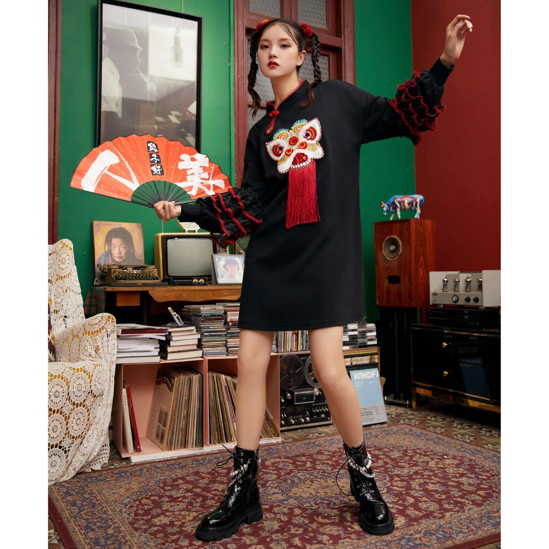 [醒狮]秋冬国风过膝长袖连衣裙