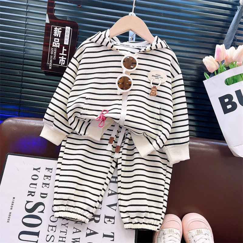 25儿童秋季新款休闲风套装男童女童春秋童装长袖条纹时尚韩版连帽