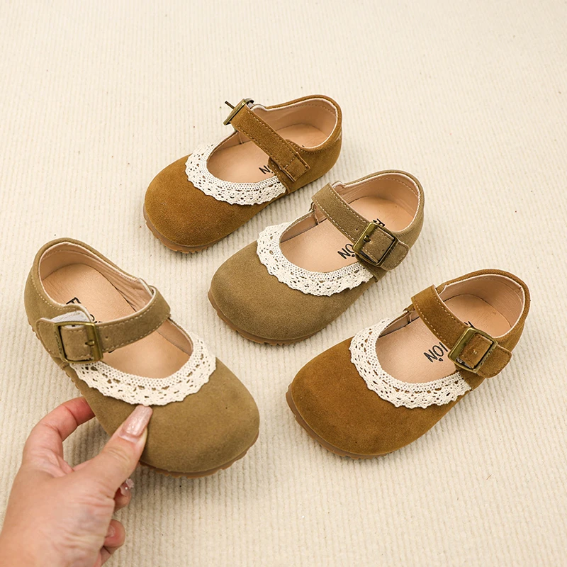 木西糖糖女童小皮鞋蕾丝边豆豆鞋春秋新款宝宝复古单鞋6151