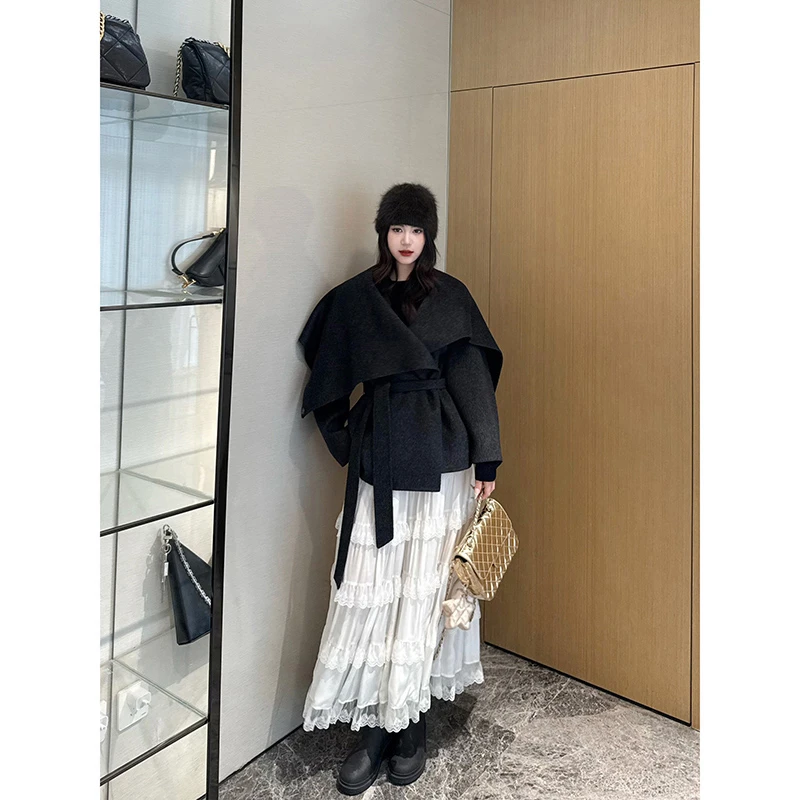 NancyCavally专柜款奢选110S澳毛 随性披肩大翻领双面顺毛呢外套