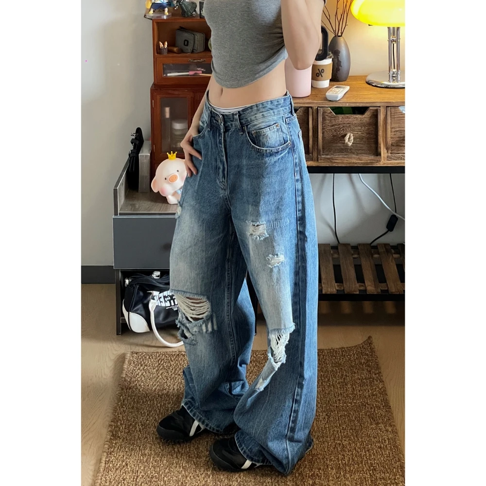 大码美式复古破洞牛仔裤女2025春季新款宽松水洗直筒阔腿拖地裤子