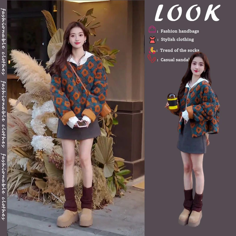 冬季搭配一整套2025年新款连帽上衣立体花朵设计感外套短裙三件套