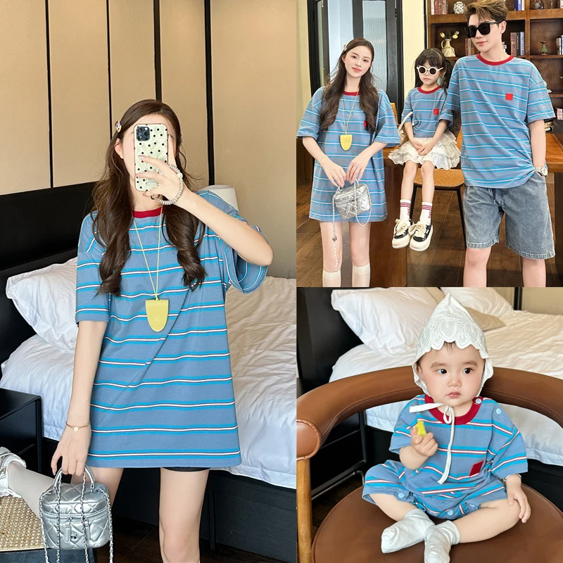 2025夏装新款亲子装一家三口条纹撞色边短袖儿童婴儿连体衣8809