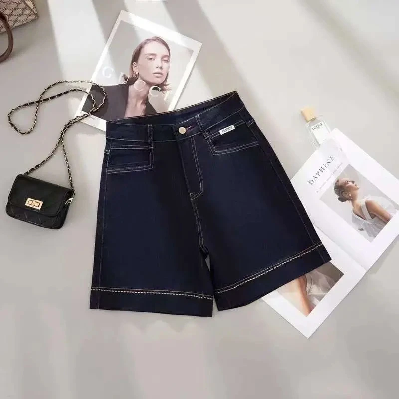 天丝薄款丹宁蓝夏季显瘦大码A字版型声腰直筒短裤女