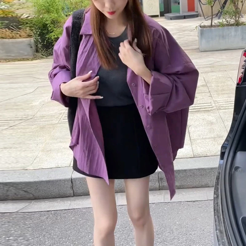 紫色高级感慵懒宽松衬衫女2025秋季新款显瘦Polo领百搭长袖衬衣