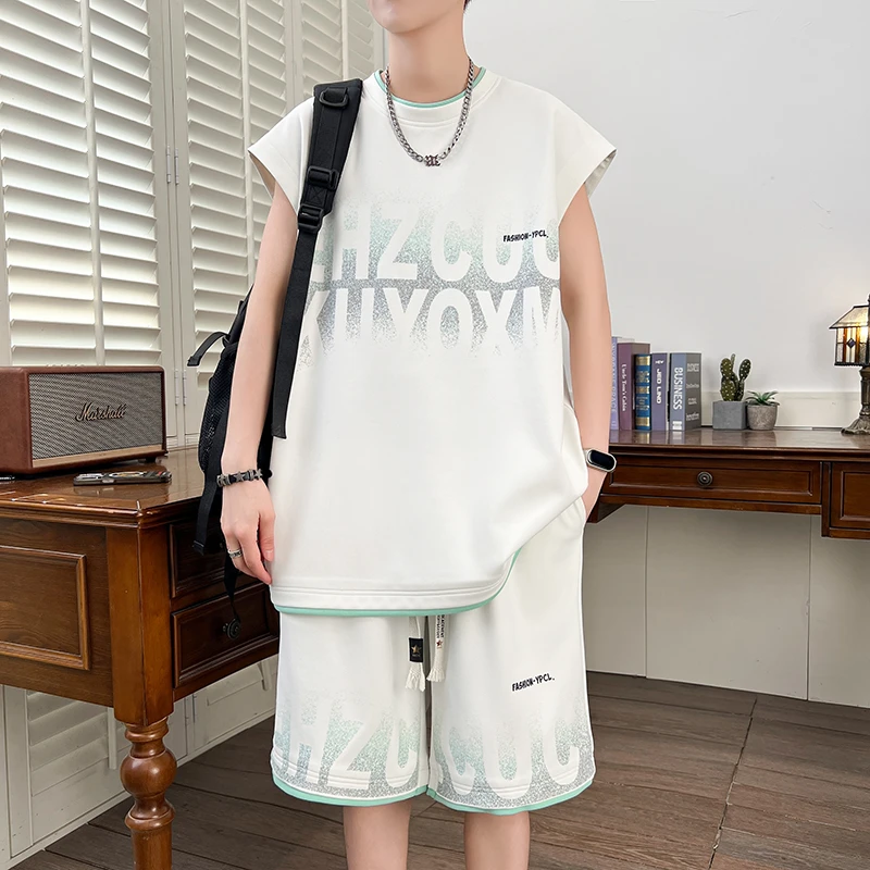 男生夏季新款青少年休闲运动套装宽松帅气学生无袖坎肩潮流两件套